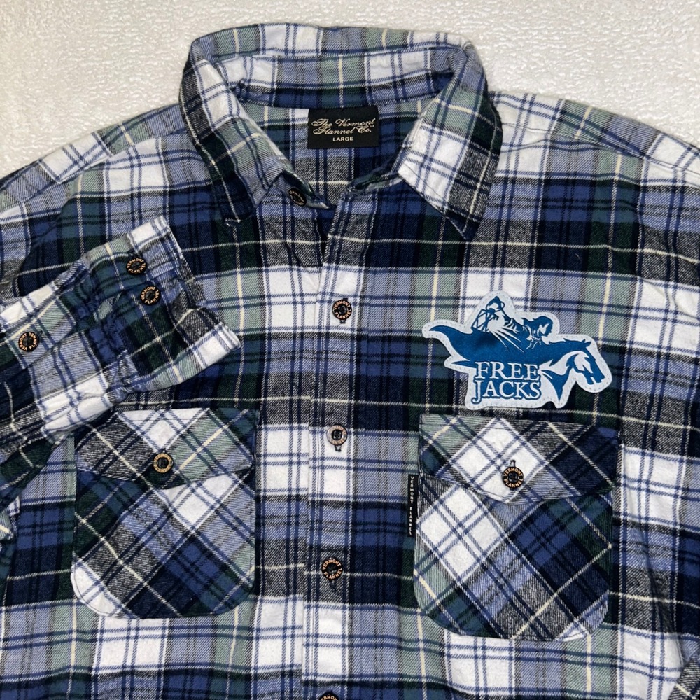 Vermont Flannel Co Free Jacks Rugby Shirt Mens L Blue Plaid Organic Cotton MLR